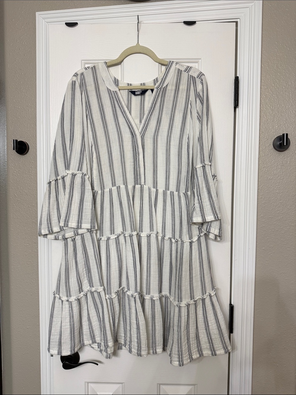 Lands' End Striped Tiered V-Neck Midi Dress - White & blue/Gray
